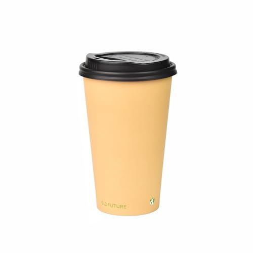 BIOFUTURE Tazas de café biodegradables, vasos de papel desechables con tapas, hechas de material PLA de alta calidad, diseño ecológico y sostenible, certificado EN 13432 (paquete de 50) (arena, 16