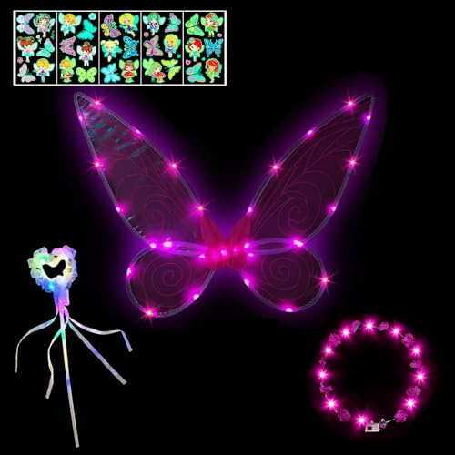 HIQE-FL LED Feenflügel Leuchtende,3 Stück Elfenflügel Set,Feen Flügel Wings Kinder,Feenflügel Erwachsene,Flügel Fee,Karneval Flügel,Cosplay Kostüm,Halloween Flügel(Rosa)