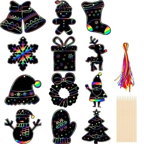 Natalizie Scratch Art,Bambini Carta da Grattare Arcobaleno,Natale Fogli di Disegni Scratch,Scratch Art Bambini Scratch Art Decorazioni può Essere utilizzato per la Decorazione di Natale