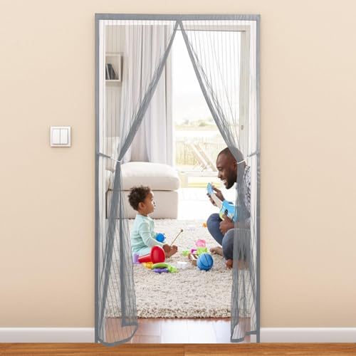 Gris Mosquitera Puerta 120x210cm, Cierre Automático de Arriba a Abajo Apertura Lateral Mosquiteras para Puertas Correderas con Cierre de Gancho y Bucle, Mosquiteras Puertas para Ventana Abatible