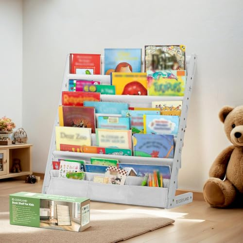 COSYLAND Bibliotheque Enfant en Bois Massif à 7 Niveaux - Etagere de Rangement pour Livres - Présentoir Livres Bebe avec Design Stable - Meuble Montessori pour Chambre d’Enfant (75 cm, Blanc)