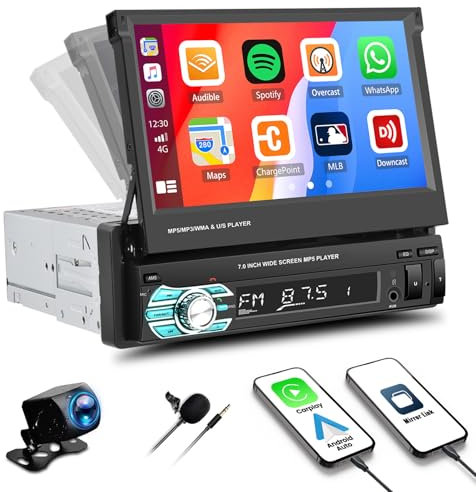 Single Din Touch Screen Car Stereo with Carplay Android Auto, CAMECHO 7 Inch 1 Din Flip Out Bluetooth Car Radio FM Radio TF/USB/AUX Mirror Link + Backup Camera