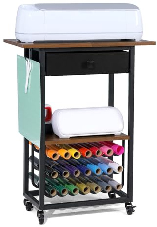 SMONTER Organization and Storage Craft Cart Compatible with Cricut Machines, Crafting Table Workstation with Wheels, Rolling Craft Organizer with 21 Vinyl Roll Holders and Drawer, Black