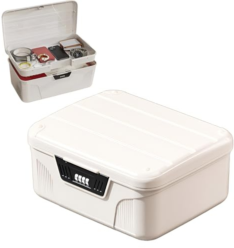 2 Layer Medicine Storage Box,Lockable Medicine Box with Code,Removable Tray,First Aid Emergency Combination Lock Container Medical Storage Organiser Bins for Home Office School Cabinet (White)