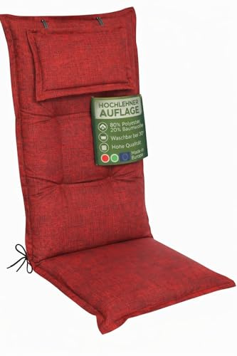 Waidmeister Hochlehner Auflage Premium 120x50 cm mit Kopfpolster - Kettex Luxus Garten-Stuhlauflage mit 8 cm Polsterung (1, Rot)
