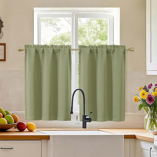Simplebrand Sage Green Cafe Curtains Tier 36 Inch Length 2 Panels Set, Half Window Blackout Curtains for Kitchen, Rod Pocket Tier Thermal Insulated Window Treatment Short Curtain, Each 30 Wx36 L