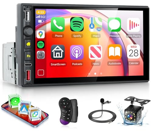 Single Din Car Stereo Radio with Wireless Carplay Android Auto, Hodozzy 7 inch HD IPS Touchscreen 1 Din Car Radio with Bluetooth 5.0 EQ Audio FM Radio Mirrorlink SWC USB/Type-C Ports+Reverse Camera