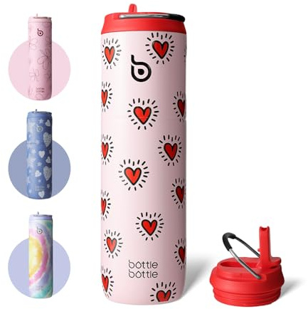 bottlebottle Stainless Steel Water Bottle 700ml with Straw and Lid Sports Insulated Metal Drink Flask with Handle (Heartbeats)