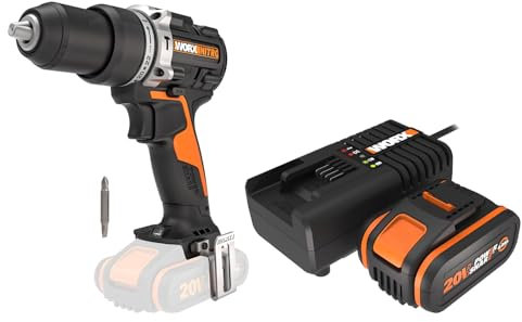 PACK WORX NITRO Perceuse à Percussion sans Fil Brushless 20V WX352.9 + Kit Batterie 4Ah / Chargeur rapide, Couple 60Nm, Mandrin 13mm, Multimatériaux, 2 Vitesses Variables, Lumière LED, Accessoires