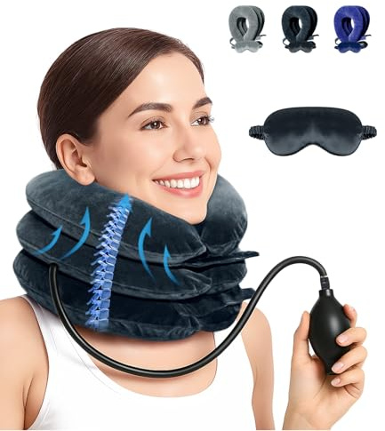 LuxoCare Neck Stretcher Adjustable – Neck Brace Pillow with Eye Mask, Cervical Neck Traction Device for Neck Pain Relief & Decompression, inflatable Neck Support for Home,Car, Travel & Office (Black)