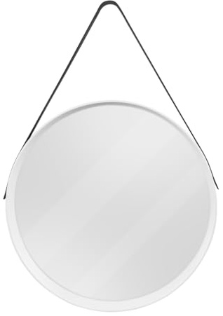 CHELY INTERMARKET MODR001 Espejo Redondo De Pared Blanco con Correa De Colgar Ajustable 50x50cm Estilo Moderno Minimalista para Baño Recibidor Dormitorio Decoración Montaje Fácil PVC Ligero