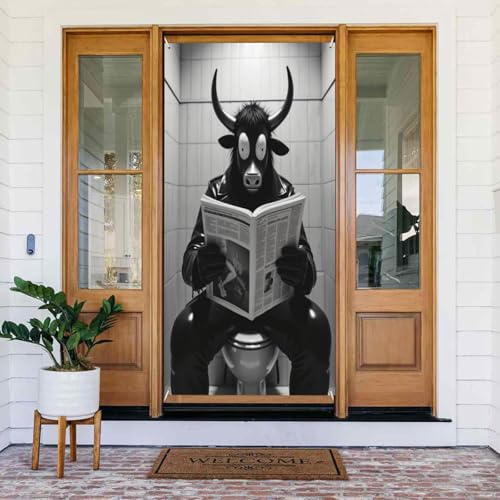 Decoraciones para puertas – Bonito diseño de toro negro n.º 113 para puerta delantera, cartel de otoño e invierno, telón de fondo colgante para interiores y exteriores, suministros de decoración de
