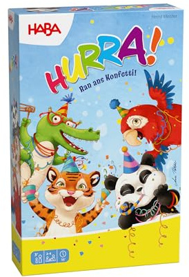 HABA Hurra Konfetti-Party – Spiel ab 3 Jahren mit Würfeln & Buntem Konfetti – Farben und Formen erkennen für 2–4 Spieler – 2012214001