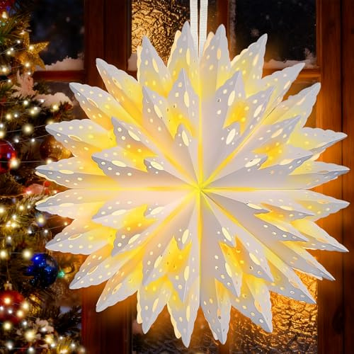 Etoile Lumineuse,Vleuexe Etoile Papier a Suspendre,Étoile de Noel Lumineuse Suspendre,Etoile Sapin de Noel Lumineuse LED,Etoile Lumineuse Noel pour Fenetre Exterieur Interieur Noël Decoration 40 cm Ø