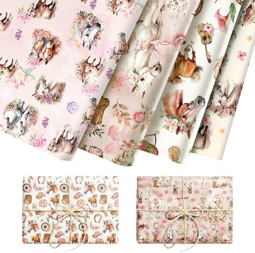 Feirdhoo 12 Bögen Geschenkpapier Pferde, 4 Verschiedene Arten von Geschenk Papier mit Pferderennmotiv für Erwachsene, Hochzeit, Geburtstage, Weihnachten, Feiertage, Wrapping Paper 68 x 50 cm