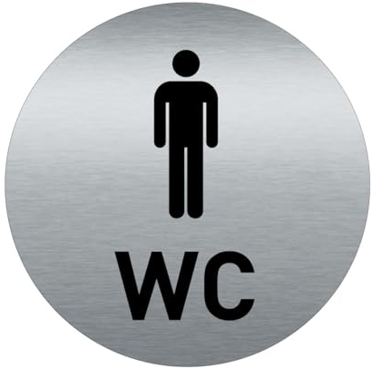 AUA SIGNALETIQUE - Plaque de porte Aluminium brossé imprimé AluSign Ø 85 mm - épaisseur. 3 mm - Double Face adhésif au dos (Toilettes Homme - WC)