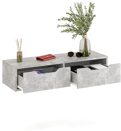 KOMTO Wandregal Beton mit 2 Schubladen – Wandkommode für Schlafzimmer, Garderobe Hängeschrank, Schminktisch Wandmontage, Wandschublade | Nachttisch Hängend NOKA 100 x 32,5 x 22 cm