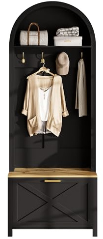 HAINEW Garderoben Set Wandgarderobe mit Schuhregal und Haken für Flur, Wohnzimmer, 75×35×195cm, Flurgarderobe Set Garderobenschrank mit Ablage und Schuhbank, Gewölbedecke (Schwarz)