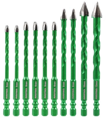 KURSTOL Masonry Drill Bit Set, 10pcs 5 * 2/6 * 4/8 * 2/10/12mm Carbide Eccentric Drill Bit Quick Change Shank for Ceramic Tile Wood Plastic Masonry Glass
