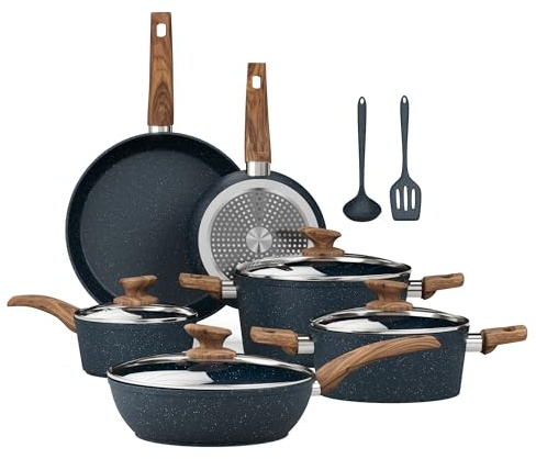 Kitchen Academy Induction Hob Pans Set -12PCS Pots and Pans Set Non-Stick | Granite Nonstick Blue Cookware Set Non-Toxic, Easy to Clean, Fast Heating, PFOA & PFAS Free