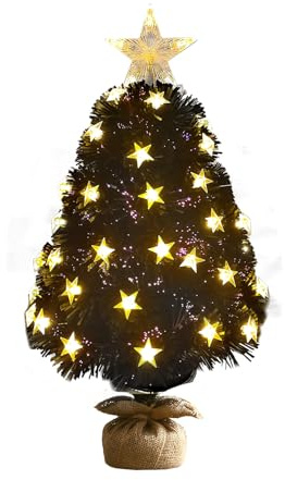 Home Republic Pre-Lit Black Fibre-Optic Christmas Tree with Star Lights & LED Effects – Easy Assembly, Hinged Branches, Foldable Stand, Plug-in Design - 2ft