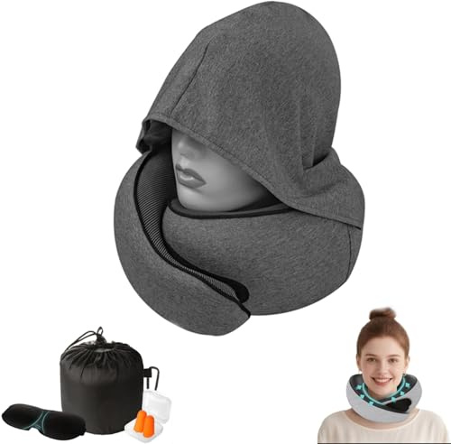 GUOMIS Cuscino da viaggio,Cuscino aereo,100% pura memory foam,con cappuccio, include maschera per dormire 3D e tappi per le orecchie, ideale per i viaggi (Grigio scuro)