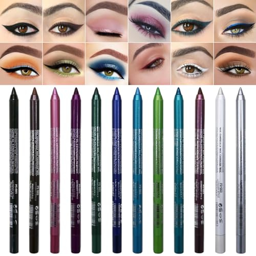 Crayon eye-liner imperméable, paquet de 12 doublures en gel colorées avec finitions métalliques et chatoyantes, anti-taches pour des looks de précision