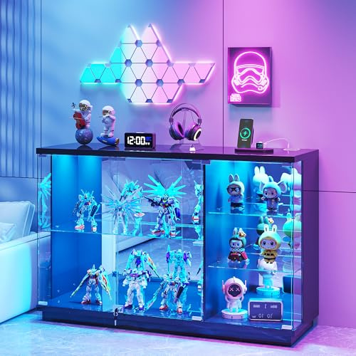 Lvifur 85cm Tall Display Cabinets with Human Body for Collectibles | Glass Display Cabinet with Lockable - High Gloss Curio Display with LED Lights,Sideboard Display Case for Liquor,Black