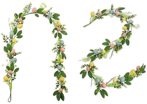Goviraye 2er Set Frühlingsgirlande 180cm – Flexible künstliche Eukalyptus Girlande mit bunten Deko-Elementen – DIY Kranz oder Girlande für Tür, Tisch, Fenster & Kamin – Wiederverwendbare Frühlingsdeko