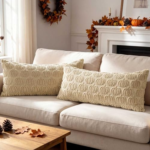 Benjia 2 Stück Kissenbezug Herbst Kissenhülle 40x80 cm, Plüschkürbis Dekorative Herbstkissen Dekokissen Kissenbezüge für Thanksgiving Herbst Halloween Bettwäsche Sofa Decorations 40 x 80 cm (Beige)