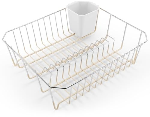 Besto Dish Drainer Rack with Cutlery Holder | Silicone Dipped Chrome Plated Dish Drainer with Plastic Coating | Dish Drying Rack with Non-Scratch Base | Easy to Clean (Cream)