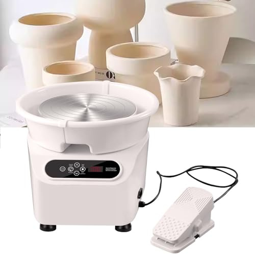 FBJAMZ Tornio Elettrico per Ceramica con Pedale, Schermo LCD, velocità Regolabile, Macchina per Modellare l;Argilla Ceramica, Kit di Attrezzi per lavori di Ceramica Fai-da-Te (White)