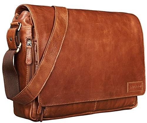 STILORD Rick Schultertasche Leder für 15,6 Zoll Laptop Umhängetasche Aktentasche Bürotasche Unitasche Büffel-Leder Farbe:Cognac - glänzend