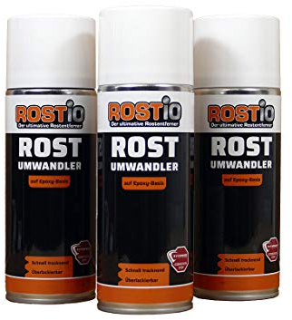 Rostio Convertitore di ruggine Spray 3 x 400 ml – Convertitore di ruggine e anticorrosione – Incolore – Verniciabile dopo circa 120 minuti – Base in resina epossidica – Resistente a temperature fino a