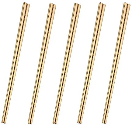 Dtdepth Stainless Steel Chopsticks - 5 Pairs Gold Reusable Dishwasher Safe Chopsticks, 304 Stainless Steel, Easy to Use (No Color Fading)