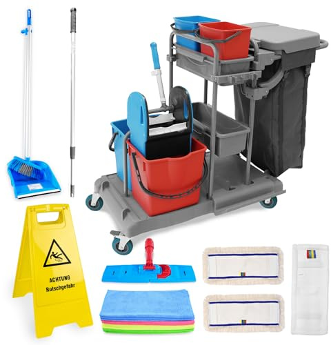 Hypafol Profi Putzwagen mit 100l Leinensack I Praktisches Reinigungsset mit 2x18l & 2x5l Eimern I Stabile Mopp-Presse & Halterung für Besen & Lappen I Set mit 3 x 50 cm Wischmopp & 12 x Mikrofasertuch