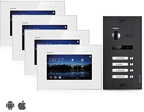 Balter EVO Video Türsprechanlage, Touchscreen, 4X 7 Zoll Monitor, Türstation für 2 Familienhaus Türklingel mit Kamera 150° Weitwinkel Smartphone App 2-Draht Bus, Weiß/Schwarz