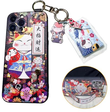 Yvonnecy Compatible with iPhone 13 Pro Case, 6.1 inch Cute Japanese Lucky Cat Design, Glitter Luxury Soft Silicone 3D Emboss Phone Case with Wrist Strap and Lanyard (iPhone 13 Pro, Black)