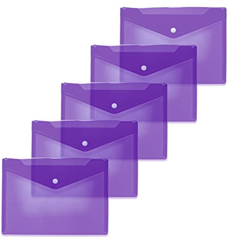 HERMA 20061 - Cartellina portadocumenti, formato DIN A5 (25 x 18 cm, polipropilene, 5 pezzi) trasparenti con bottone automatico, per scuola, università, ufficio, buste in polipropilene, colore: viola