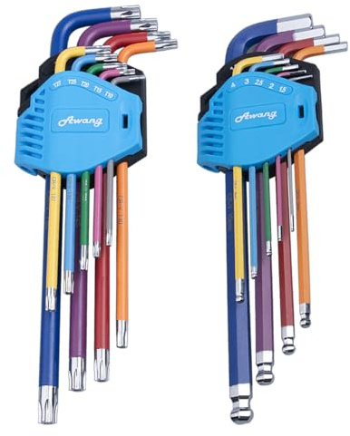 Awang 18 PCS Clés Allen Clés Hexagonales 1,5-10mm et Cles Torx T10-T50 Jeu de clés hex et Torx Clés Hex Clef Torx en Acier au Chrome-Vanadium pour Réparation de Vélos,etc