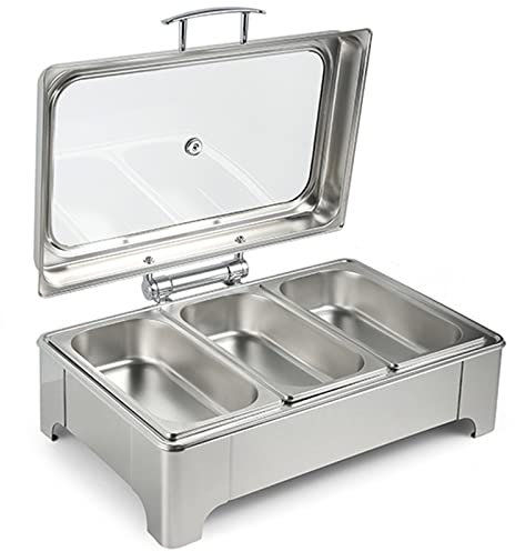 PROPFE Chafing Dish Electrico 9L Calentador De Buffet Acero Inoxidable Calentador De Comida con Tapa Transparente Temperatura Regulable Calientaplatos,Triple Grid