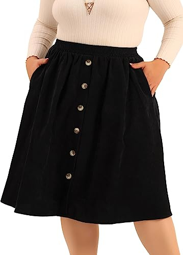 Agnes Orinda Midi-Röcke aus Cord für Damen, Übergröße, elastisch, hohe Taille, Knopfleiste vorne, A-Linien-Rock mit Taschen, Schwarz, 2X