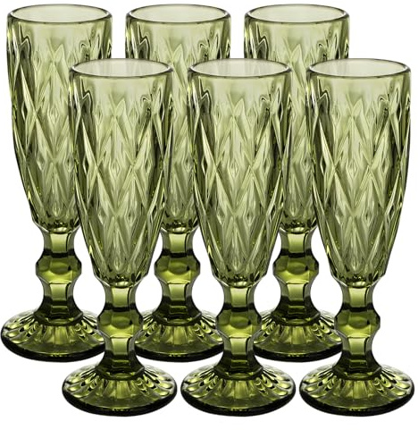 YTCYKJ Glass Green Champagne Flutes,Vintage Wine Glasses,Green Wine Glasses,Colored Glassware Set,Water Goblets for New Year Christmas,Party, Wedding, & Daily Use,5 oz, Set of 6