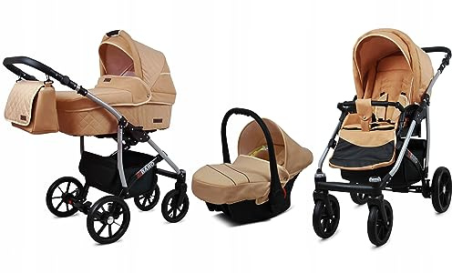 BabyLux® Kinderwagen Set 3 in 1 - Qbaro - incl. Babywanne, Buggy Sportsitz, Auto-Babyschale - Autositz - Kinderwagenset - Kombikinderwagen mit Wickeltasche, Regenschutz usw.