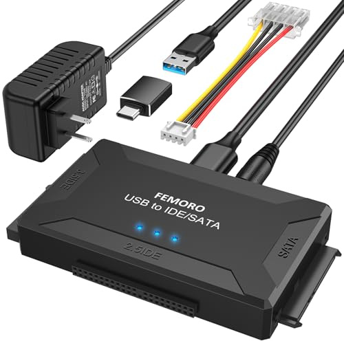 FEMORO Lector de disco duro IDE SATA a USB 3.0 + adaptador USB C, kit de convertidor de recuperación de datos 3 en 1 con fuente de alimentación de 12 V/2 A para unidad interna SSD de 2.5 pulgadas HDD