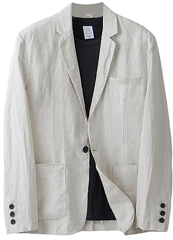 GIBZ Blazer Uomo Casual Lino Tempo Libero Leggera Giacca Giacche da Abito Primavera Estate Revers a Righe con Un Bottone Beige S