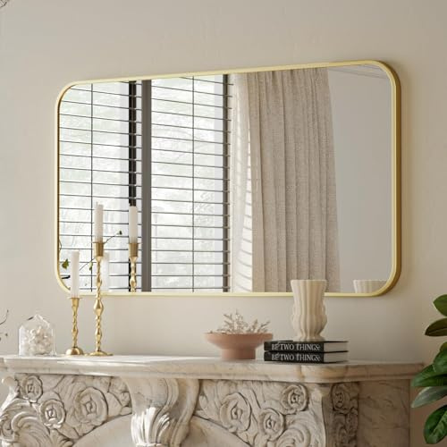 BEAUTYPEAK 30 x 48 Gold Metal Frame Rectangle Vanity Mirror with Rounded Corners, Wall Mounted Bathroom Mirror for Farmhouse, Restroom, Entryway, Horizontal or Vertical Hanging