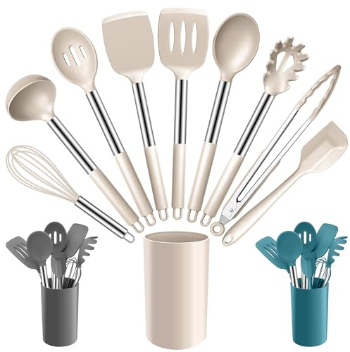 Joyfair 10 Pcs Kitchen Cooking Utensils Set (Non Scratch, Khaki) | Stainless Steel Core, Soft Silicone Surface, Spatula/Turner/Spoon/Holder Tool Set, Heat Resistant, Dishwasher Safe