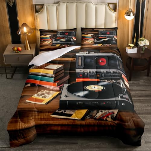 80S Vintage Audio Record Comforter Set Retro Style Cassette Radio Tapes King Bed Comforter Set,Music Recore Player Bedding King for Boys Girls Adults Old Fashion 90S Party Decor Duvet Insert