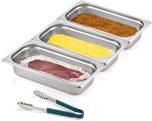 Morleos Lot de 3 bols à paner + pince verte | GN 1/3 en acier inoxydable 32,5 x 17,6 x 6,5 cm | Volume total : 7,5 l | Panure et marinade de viande, escalopes | 0,7 mm d'épaisseur